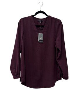 New Adrianna Papell Size M Plum Long-Sleeve V-Neck Blouse Medium Elegant